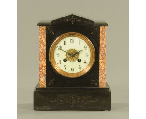 A 19th century French black slate and pink variegated marble mantle clock, by Marti et Cie, the cream enamelled dial with Ara
