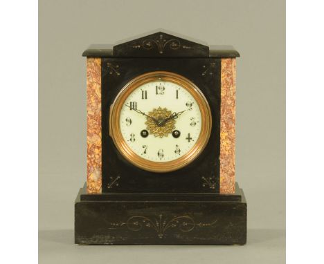 A 19th century French black slate and pink variegated marble mantle clock, by Marti et Cie, the cream enamelled dial with Ara