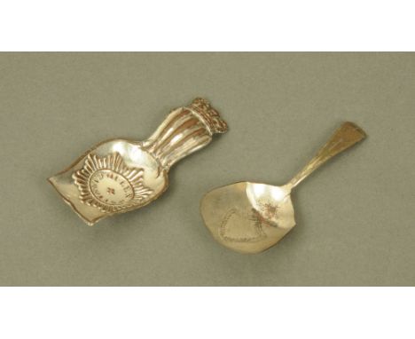 A late 18th/early 19th century Sheffield plate "Queen Caroline" commemorative caddy spoon, with reeded crowned terminal, toge