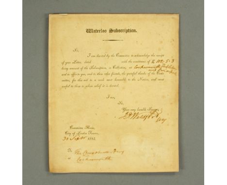 "Waterloo Subscription" 30th September 1815.  Receipted certificate sent to the Cockermouth Church Warden in acknowledgement 