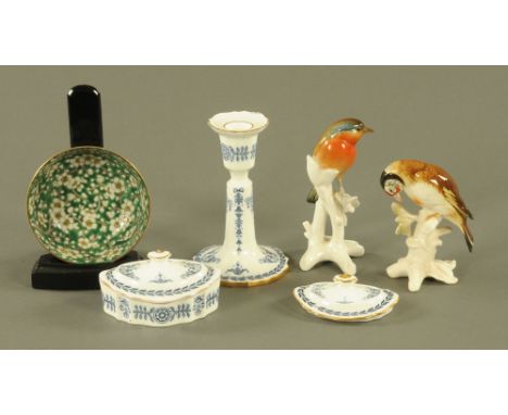 A Wedgwood blue and white bone china candlestick, 15 cm high, a similar oval lidded box, a similar oval lid, 2 continental po