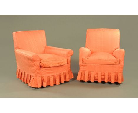 Two Edwardian upholstered armchairs, with salmon pink crushed silk style coverings, 84 cm, seat height 50 cm.   CONDITION REP