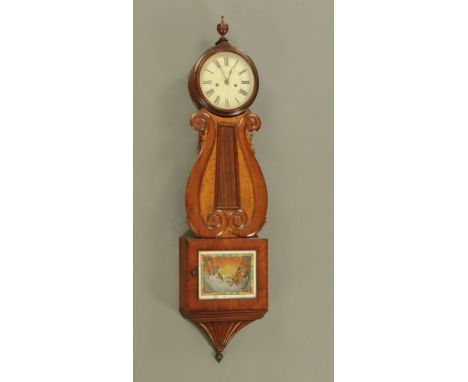 A 19th century figured mahogany and amboyna veneered lyre pattern wall timepiece, with 20 cm white enamelled dial, the trunk 