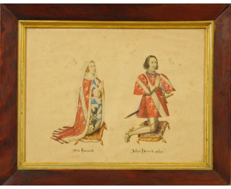 A 19th century coloured lithograph, portrait of Diana Howard and Jobes Howard kneeling in prayer, 28 cm x 38 cm, in bevelled 