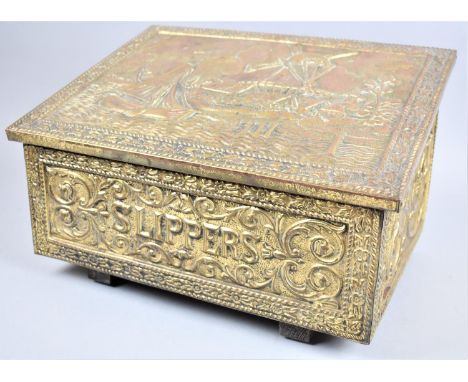 A Vintage Brass Slipper Box, the Hinged Lid Decorated in Relief with Dutch Scene of Fishing Barges and Windmill, 41cm wide 