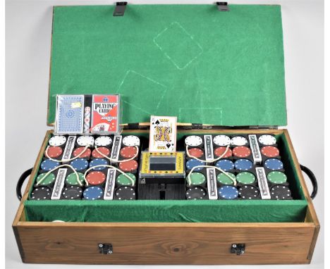 A Two Handled Wooden Box Containing Poker Gambling Chips, Playing Cards, Automatic Card Shuffler etc, 56cm Wide 