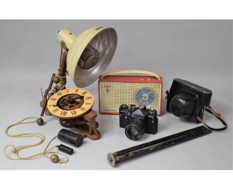 A Collection of Vintage Sundries to Include Infrared Heat Lamp, Wall Clock, Radio, Camera etc 