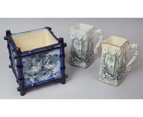 A Transfer Printed Blue and White Square Planter and Two Ridgways Vistas Jugs 