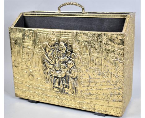 A Vintage Brass Two Tier Magazine Rack Decorated in Relief with Tavern Scene, 37cm wide 