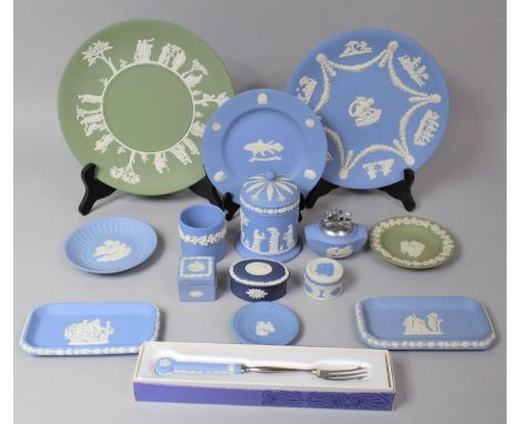 A Collection of Wedgwood Jasperware to comprise Lidded Pot, Three Pronged Fork, Dishes, Table Lighter Etc (15 Pieces in Total