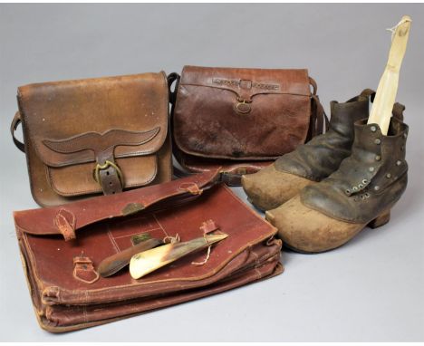 A Collection of Vintage Leather Satchels, Shoe Horn, Pair of Leather Mounted Clogs etc 