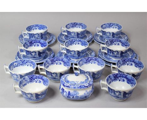 A Spode Italian Pattern Tea Set to comprise Twelve Cups, Six Saucers and Side Plates Plus a Lidded Sugar Bowl (Two Plates by 