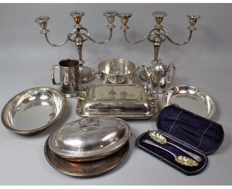 A Collection of Various Silver Plate to Include Pair of Three Branch Candelabra, Entree Dishes etc 