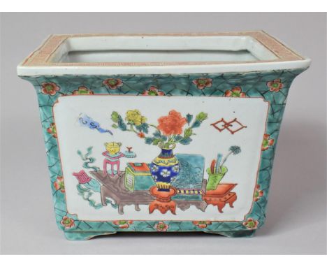 A 20th Century Rectangular Chinese Planter on Green Ground, the Four Panelled Sides Housing Cartouches Depicting Precious Obj