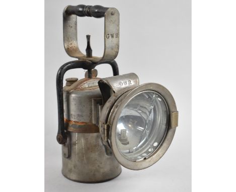 A G.W.R Carbide Lamp, The Premier Lamp, with Turned Wooden Handle, Registered No.686127, Cracked Glass