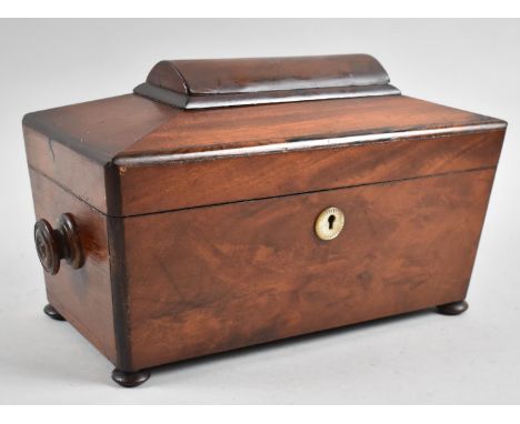 A Mid 19th Century Mahogany Sarcophagus Shaped Teacaddy with Hinged Lid to Fitted Interior Having Two Removable Tea Boxes and