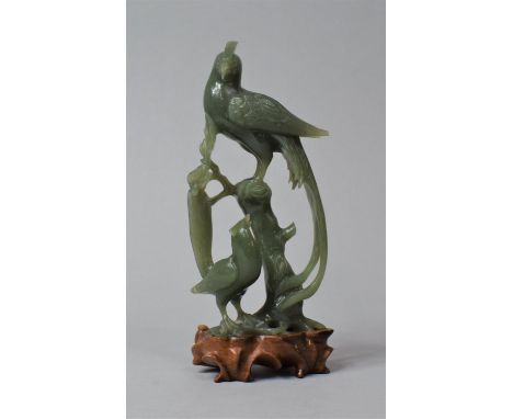 A Jade Type Carved Study of Birds on Carved Wooden Stand, 19cm high 