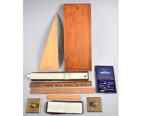 A Collection of Various Vintage Drawing Accessories to Include Paperweights, Scale Rules, Rulers, Drawing Set etc 