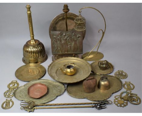 A Collection of Metalwares to Include Table Lamp Stand, Oriental Brass Trays, Composition Plaque etc 