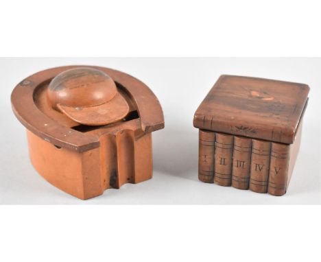 A Mauchline Ware Novelty Desktop Inkwell in the Form of a Horseshoe, the Hinged Lid in the Form of a Jockey's Cap, Decorated 