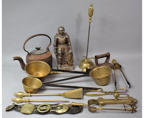 a Box of Vintage Metalwares to Include Stair Rods, Fire Companion Items, Graduated Brass Saucepans, Flatiron, Knight Companio