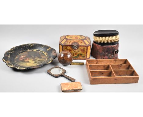 A Lacquered Papier Mache Circular Plate Together with a  Vintage Tin, Brush Set, Hand Mirror etc 