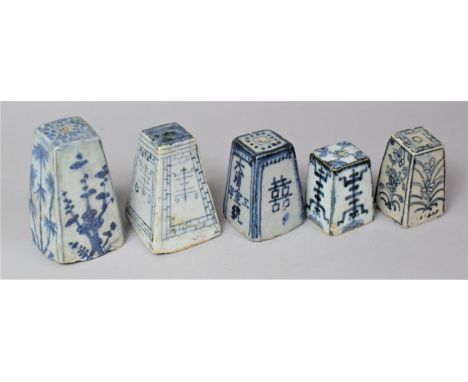 A Collection of Five Chinese Blue and White Stick Stands in the Ming Style, of Rectangular Tapering Form to Include Floral De