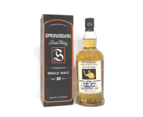 SPRINGBANK 10YO - SIGNED BY JOHN LOWE
A unique bottle of Springbank 10 Year Old Single Malt Scotch Whisky with a one off labe