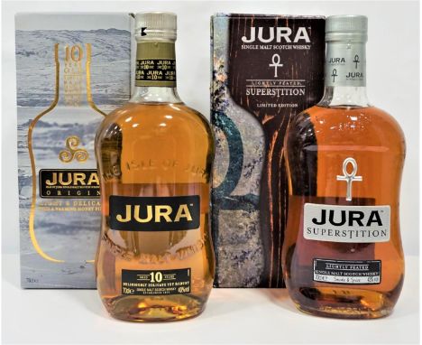 TWO BOTTLES OF JURA MALT
comprising: one Isle of Jura Superstition Single Malt Scotch Whisky.  70cl.  43% abv.  Together with