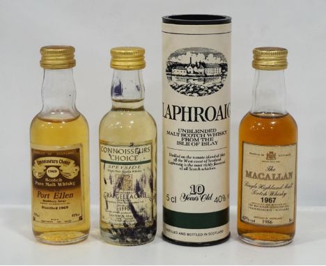 FOUR GOOD MINIATURE BOTTLES OF SINGLE MALT SCOTCH WHISKY
comprising The Macallan 1967 18 year old, bottled in 1986, 5cl, 43% 