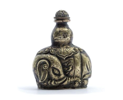 A Chinese silver coloured metal snuff bottle and stopper, cast in the form of a recumbent caparisoned elephant, 5.5cm high, l