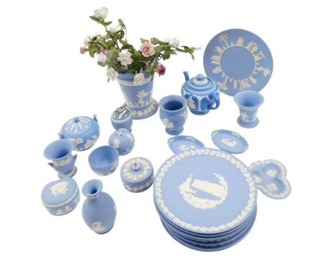 A quantity of Wedgwood blue Jasperware, some boxed, and Dudson teapot.