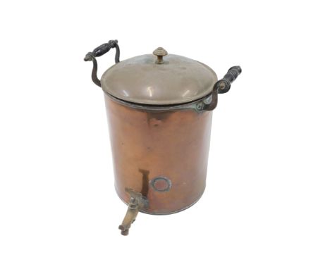 A copper and brass urn, with turned ebonised handles, 33cm high.