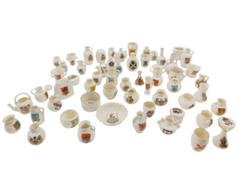 A quantity of crested china, to include Goss mortar, cow bell, etc.