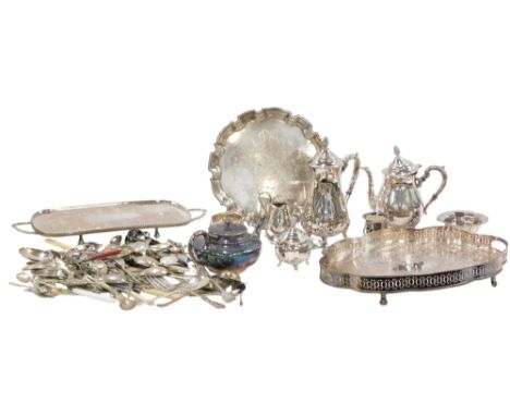 A quantity of silver plate, to include a modern four piece tea set, gallery tray, cutlery, etc.