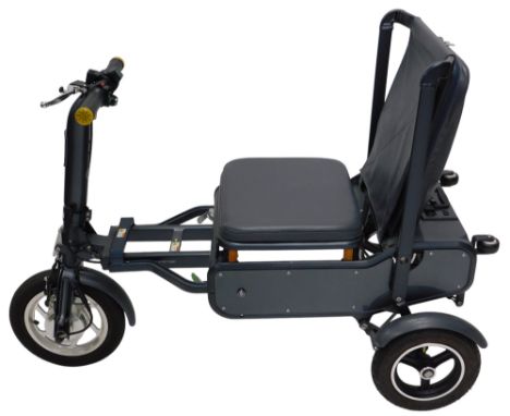 A folding E Foldi mobility scooter, in grey livery, with charger.