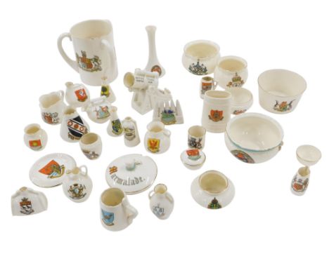 A large quantity of Crested china, to include a Goss tyg, a British trench mortar gun, etc. (1 tray)