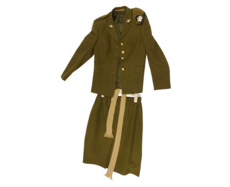 A modern British Army women's number 2 dress uniform jacket and skirt, with parachute regiment collar dogs, beret, and woolle