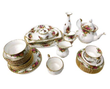 A Royal Albert Old Country Roses pattern part tea service, to include teapot, teacups and saucers, milk jug, sugar bowl, serv