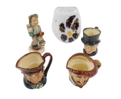 Three Royal Doulton character jugs, a Hummel figure of a boy with umbrella, and a mottled Art Glass vase, possibly Scandinavi