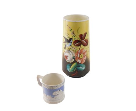 A Victorian white opaque glass vase, decorated in enamels with flowers and birds, 31cm high, and a Victorian relief moulded h