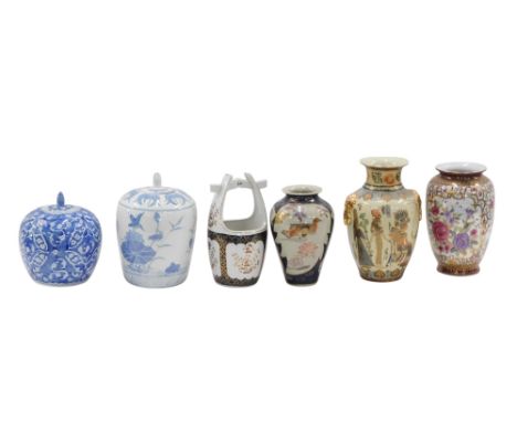 A group of late 20thC Oriental ceramics, to include a jar and cover, decorated with flowering prunus, against a cracked ice g