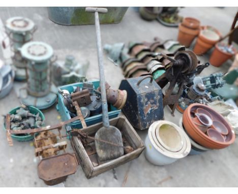 A set of cast metal scales, together with various lamps, shovel, Victorian coal scuttle, knife sharpener, etc. (a quantity)