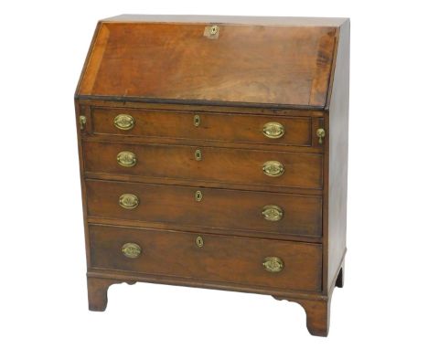 A 19thC walnut bureau, the fall enclosing a fitted interior, above four graduated drawers, with oval brass handles, on bracke