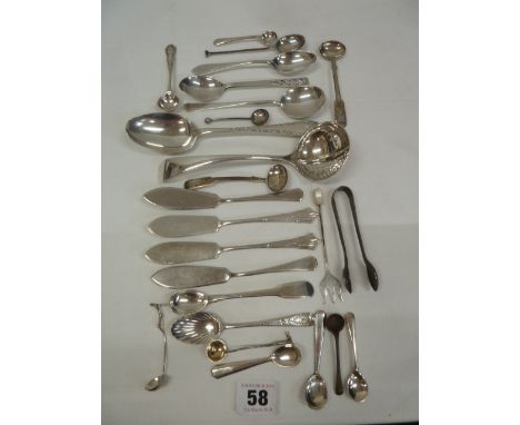 Sundry silver teaspoons, salt, mustard, dividing sauce ladle etc (25) 