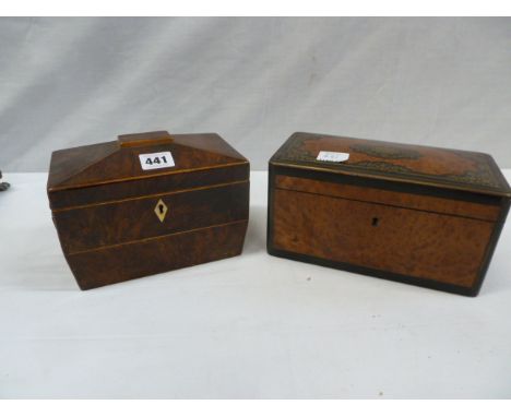Victorian brass inlaid burr walnut tea caddy and a Victorian sarcophagus shape tea caddy (2) 