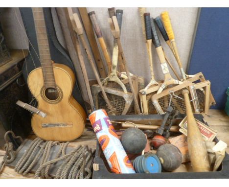 Vintage tennis and badminton racquets, fishing rod, leather saddle etc ( 2 boxes)