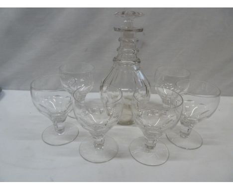 Ring neck decanter and set 6 cut glass goblets 
