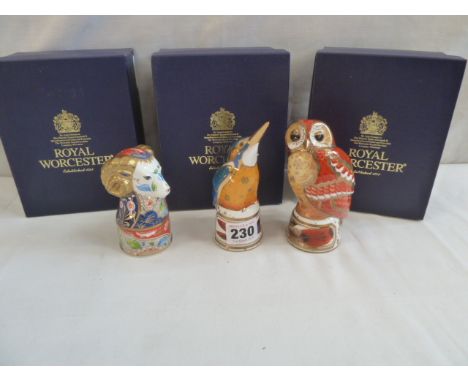 Royal Worcester Connoisseur collection candle snuffers - Heraldic ram, Tawny Owl and Kingfisher - boxed (3) 