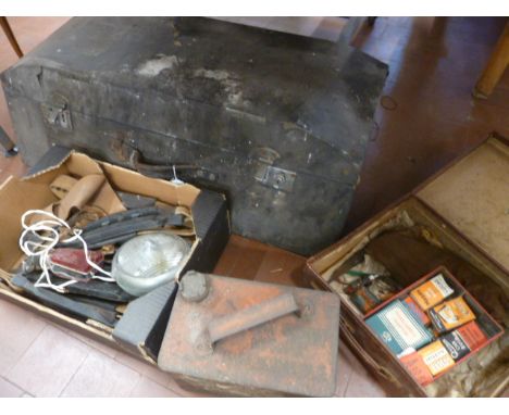 Vintage car luggage box, snow grips, lamps, petrol can etc